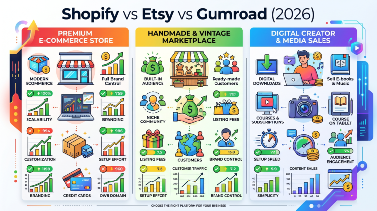 Shopify vs Etsy vs Gumroad: Honest Comparison for People Who Want to Sell Online (2026) 7 Shopify vs Etsy vs Gumroad: Honest Comparison for People Who Want to Sell Online (2026)