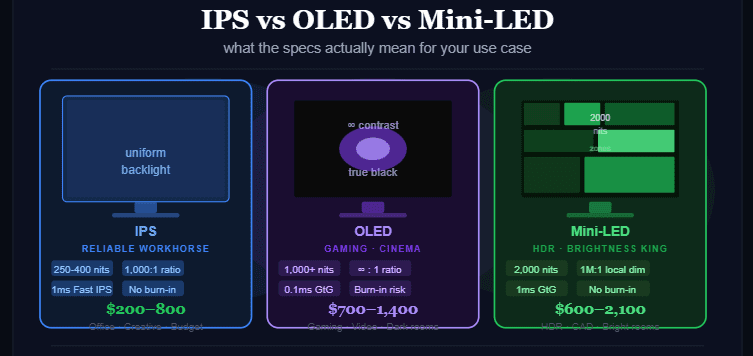 How to Pick a Monitor in 2026: IPS vs OLED vs Mini-LED — What the Specs Mean